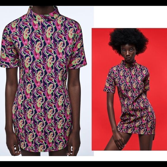 Zara pink printed multicoloured high collar short sleeve mini dress size S NWT - Picture 3 of 10